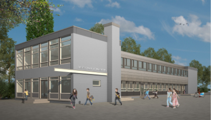 Schets van buitenaanzicht grijze school met twee bouwlagen